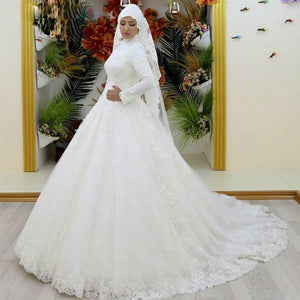 Long Sleeve A-Line Muslim Arabic Wedding Dress High Neck Luxury Tulle Wedding Gown