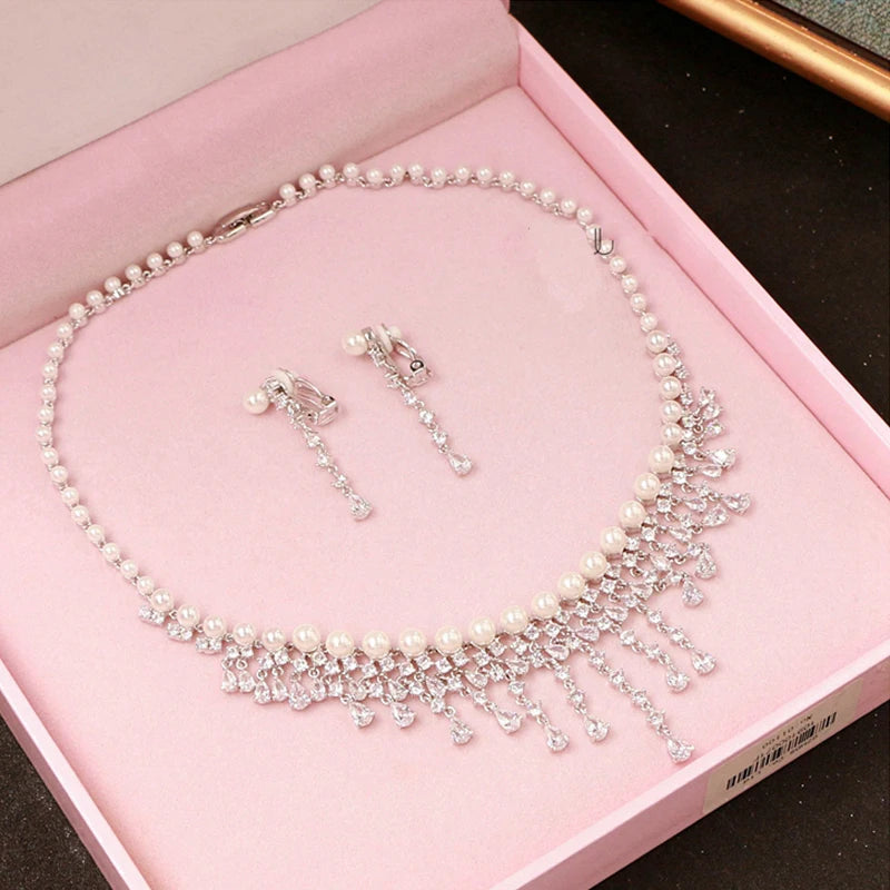 CZ Pearl Bridal Jewelry Set – Elegant Tassel Necklace & Earrings