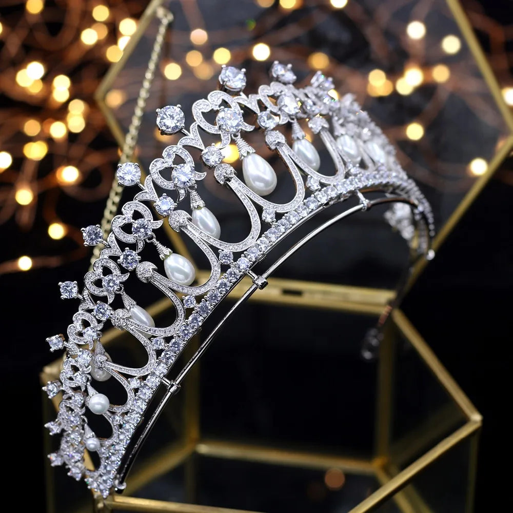 New Design Crystals and Peals Zircon Bridal Crown Princess Tiaras