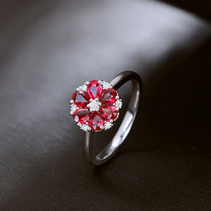 Red Ruby Diamond Flower Engagement 14k White Gold Ring