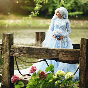 A-Line Long Sleeve Flowers Feathers Bow Long Sleeve Muslim Arabic Wedding Dress