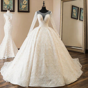 Luxury Ball Gown Wedding Dress Long Sleeve Sparkly Princess Bridal Gown