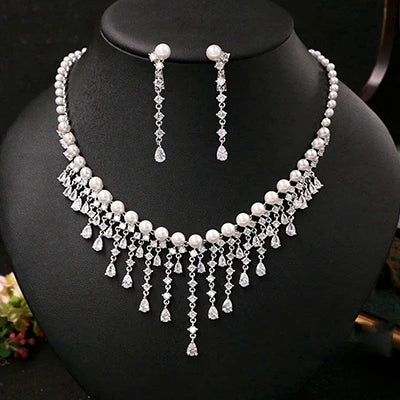 CZ Pearl Bridal Jewelry Set – Elegant Tassel Necklace & Earrings