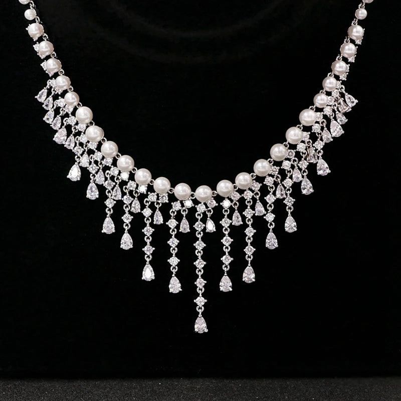 CZ Pearl Bridal Jewelry Set – Elegant Tassel Necklace & Earrings