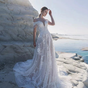 Elegant Tulle Beach Wedding Dress Off the Shoulder Bridal Gown