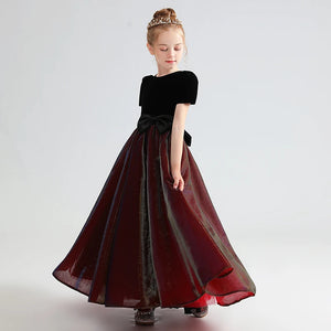 Maroon Bow Sashes Girls Formal Dress Corduroy Girl Party Dress