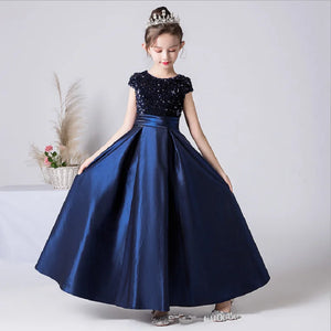 Sequin Girl Dresses Sashes Satin Formal Princess Gown Party Dress
