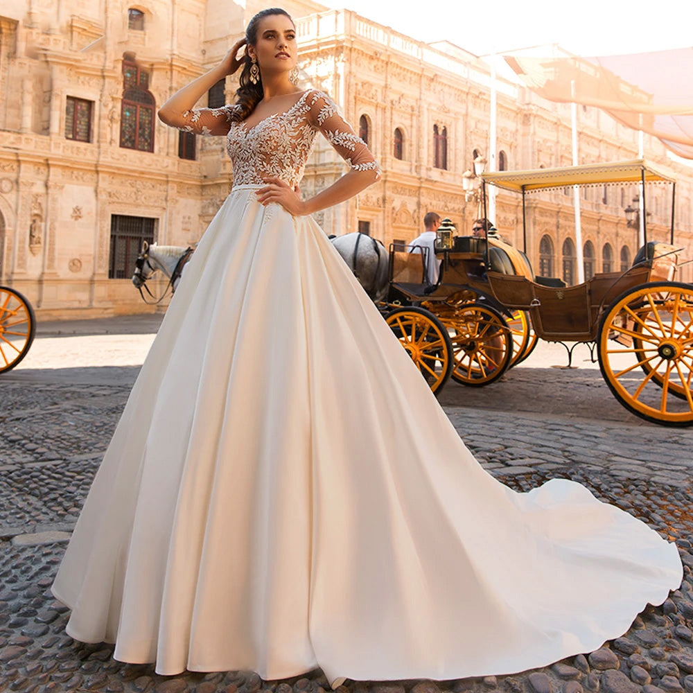 Sophisticated bridal gown with half lace sleeves and a full A-line skirt, set against a charming vintage street background.