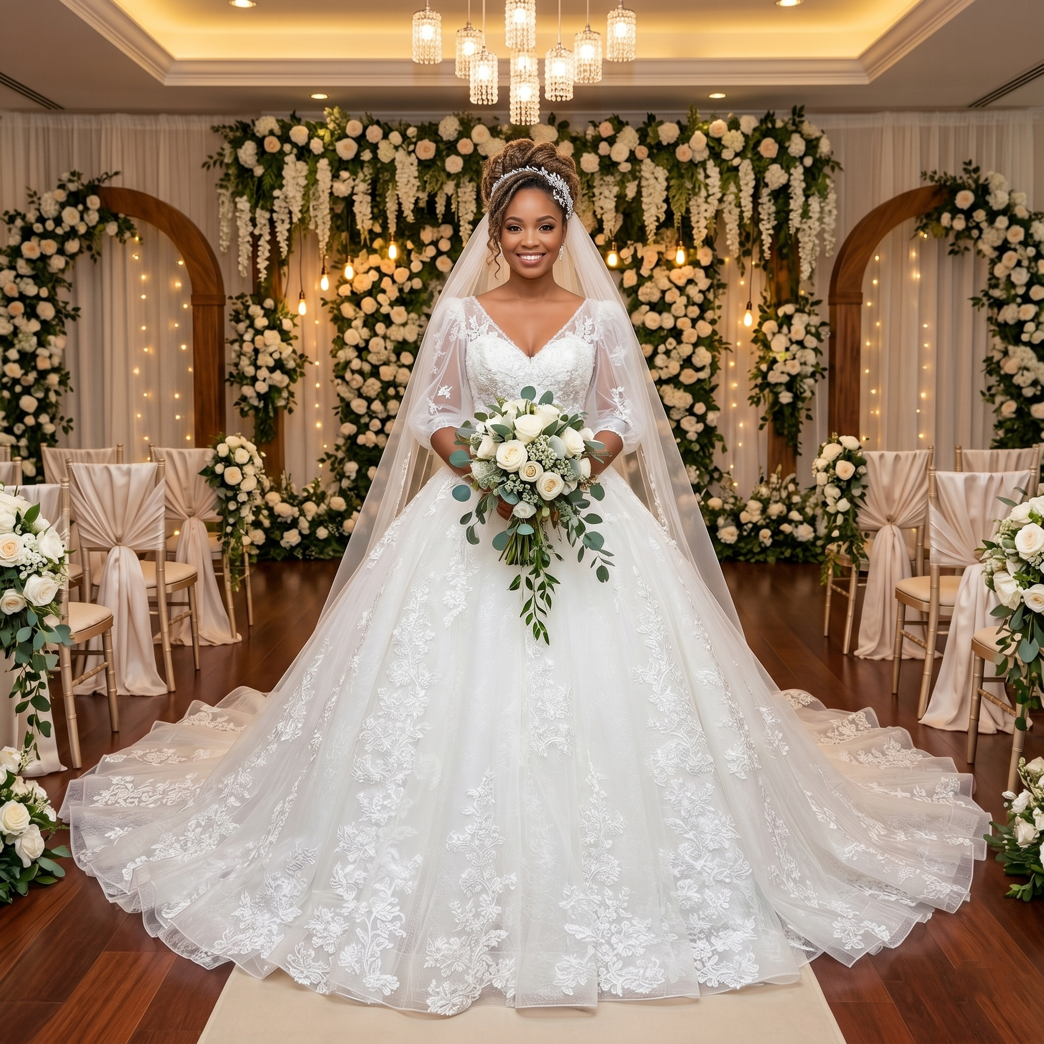 A romantic bride wearing a vintage style half-sleeve ball gown wedding dress with 3D flowers and pearl accents, holding a bouquet in a sunlit garden setting.