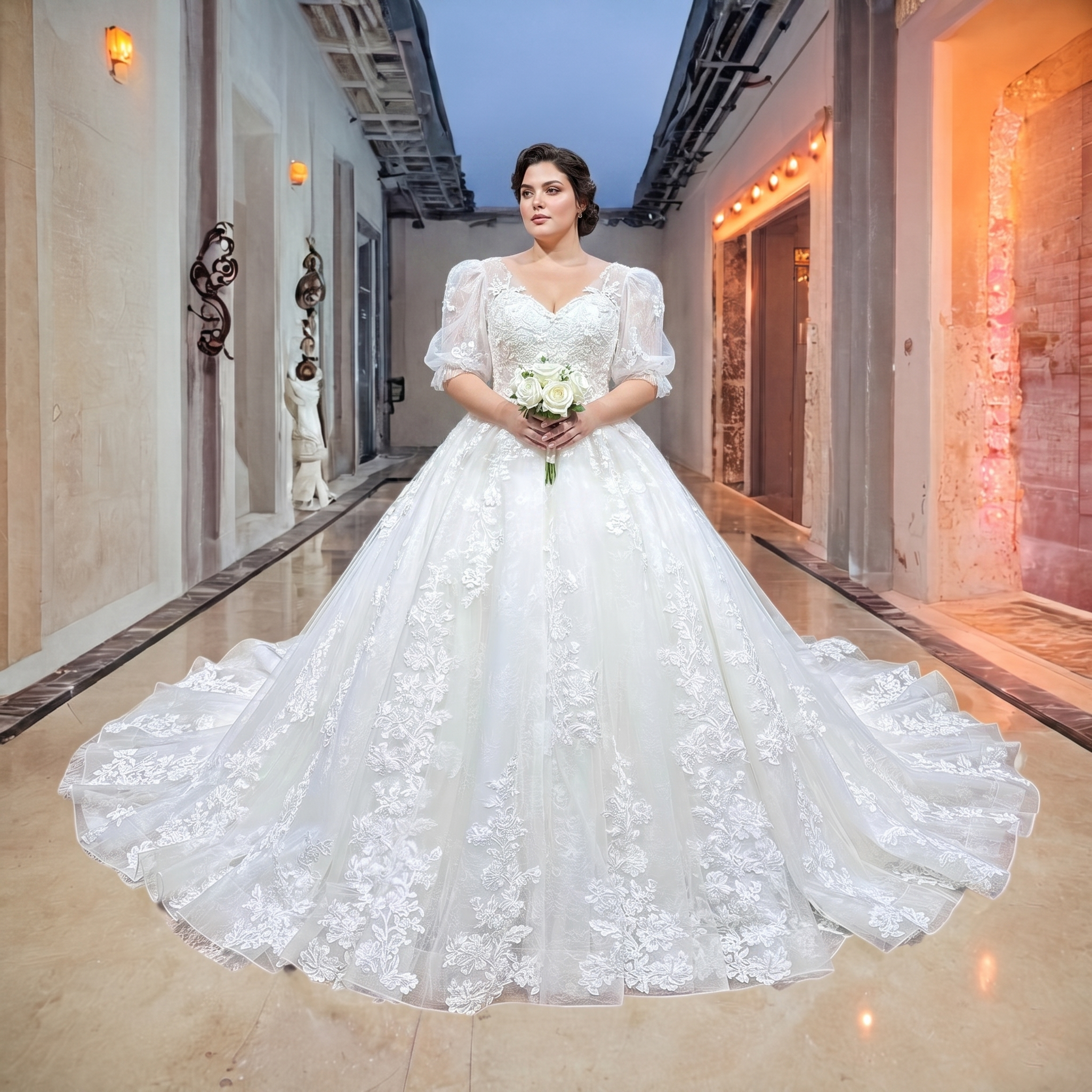 Front view of a plus-size bridal model wearing a modest half-sleeve tulle ball gown wedding dress with dimensional 3D floral appliques in a luxury showroom.