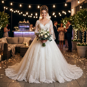 A smiling bride in a pearl-appliqued half-sleeve ball gown wedding dress holding a white rose bouquet at an outdoor night reception with fairy lights.