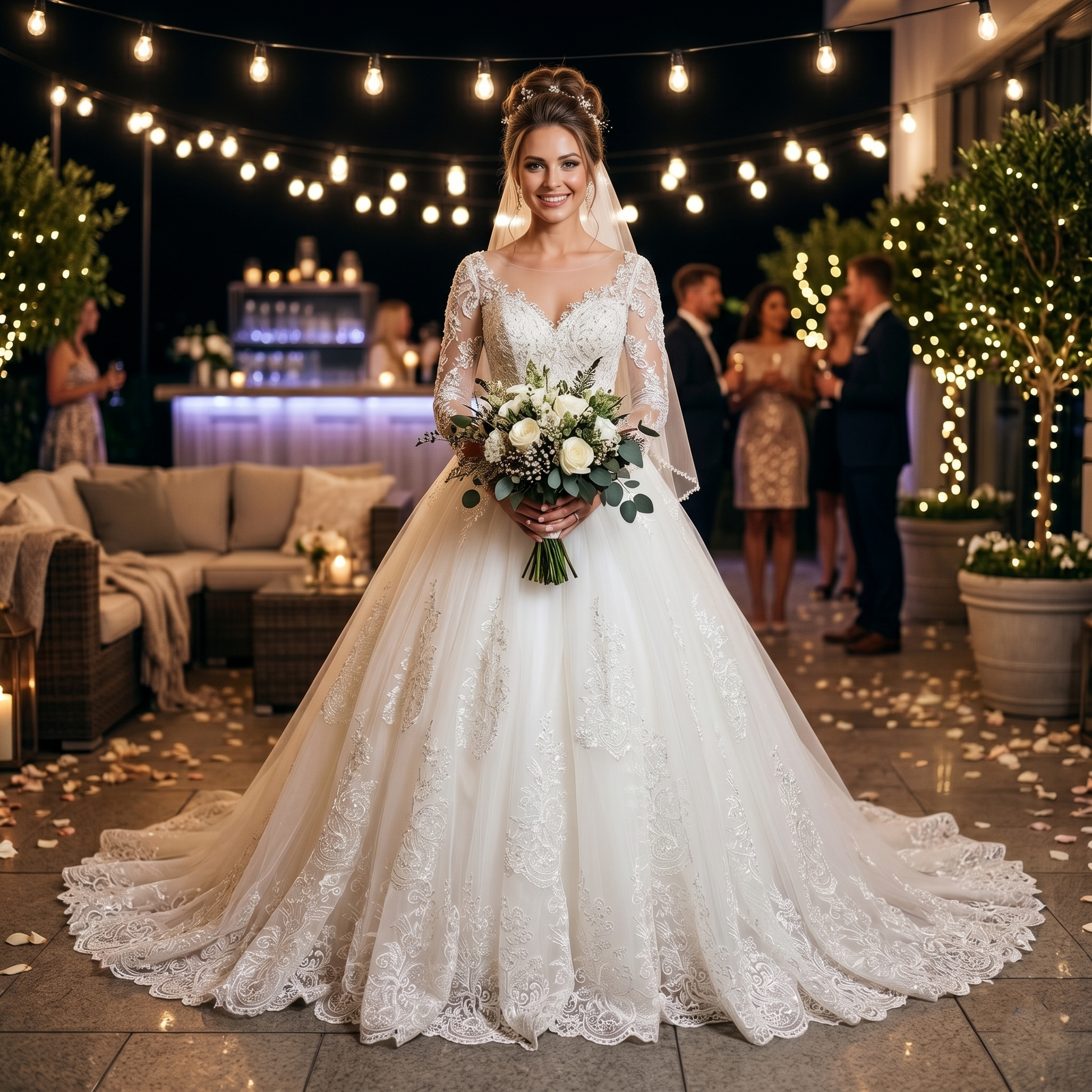 A smiling bride in a pearl-appliqued half-sleeve ball gown wedding dress holding a white rose bouquet at an outdoor night reception with fairy lights.
