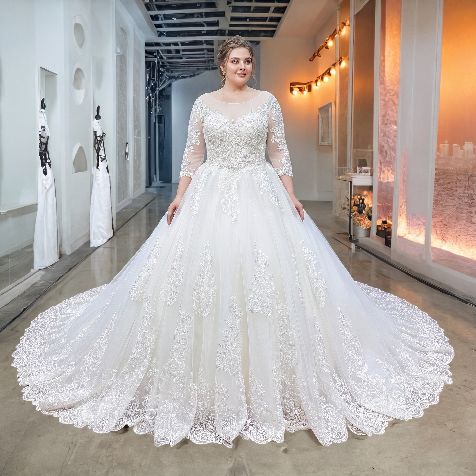 Front view of a plus-size bridal model wearing a lace ball gown wedding dress with 3/4 sleeves and a wide, sweeping circular scalloped train.