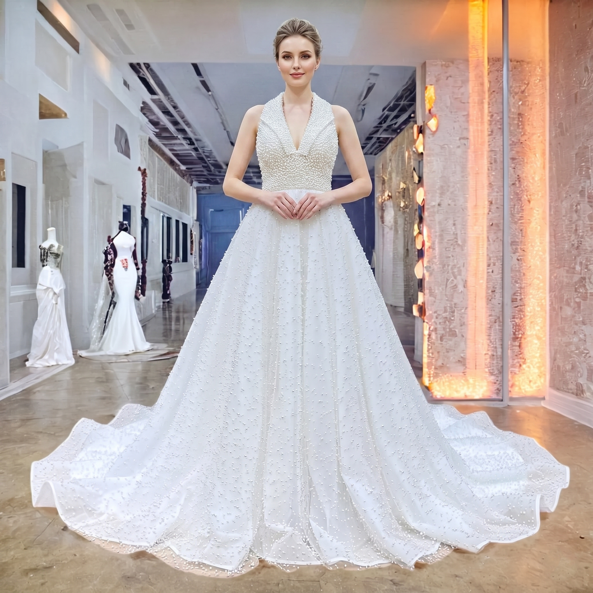 Front view of a slim model wearing a halter neck A-line wedding dress with full pearl embellishments and a deep V-neckline.