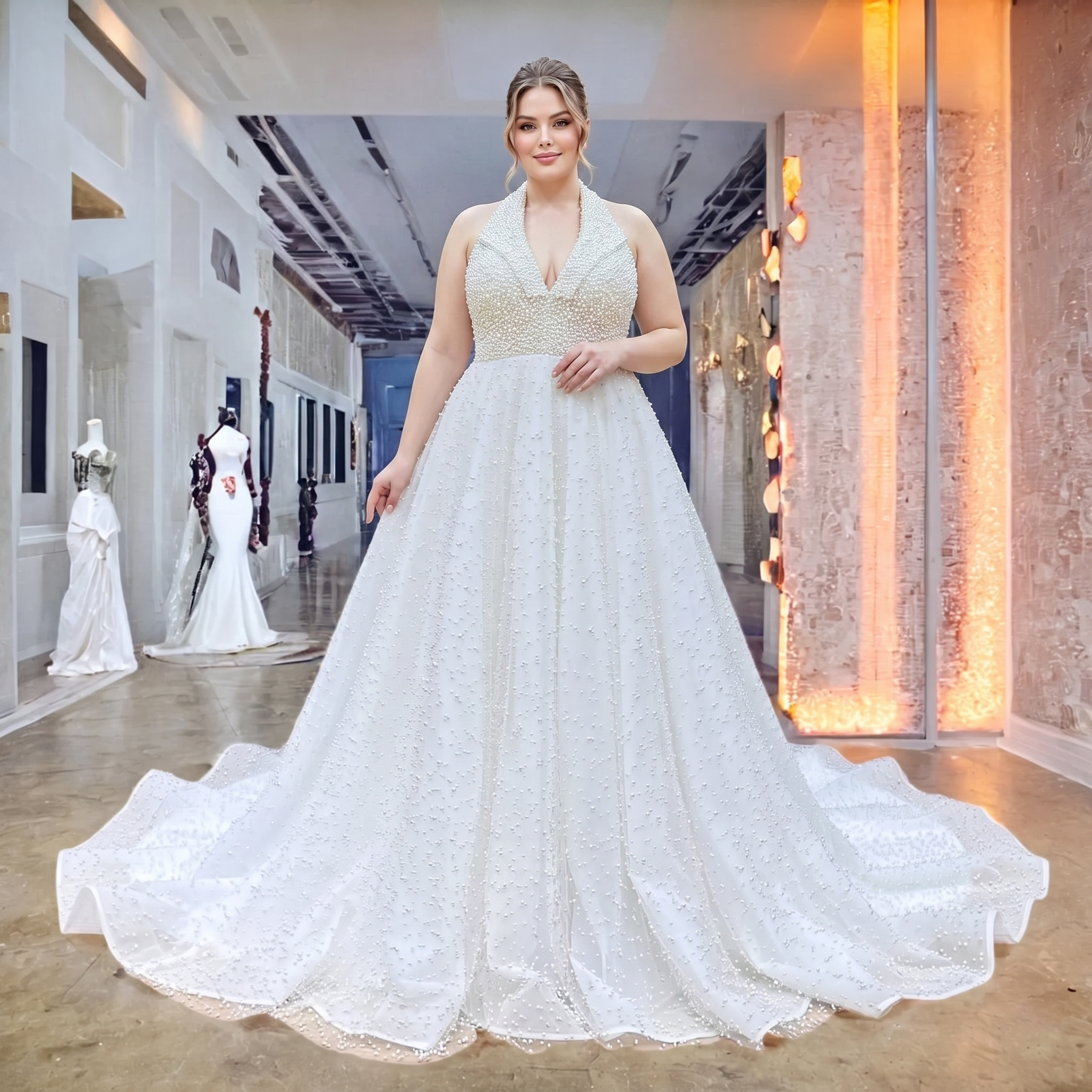 Front view of a plus-size model showcasing a pearl-embellished halter neck A-line bridal gown with a flattering V-neck.