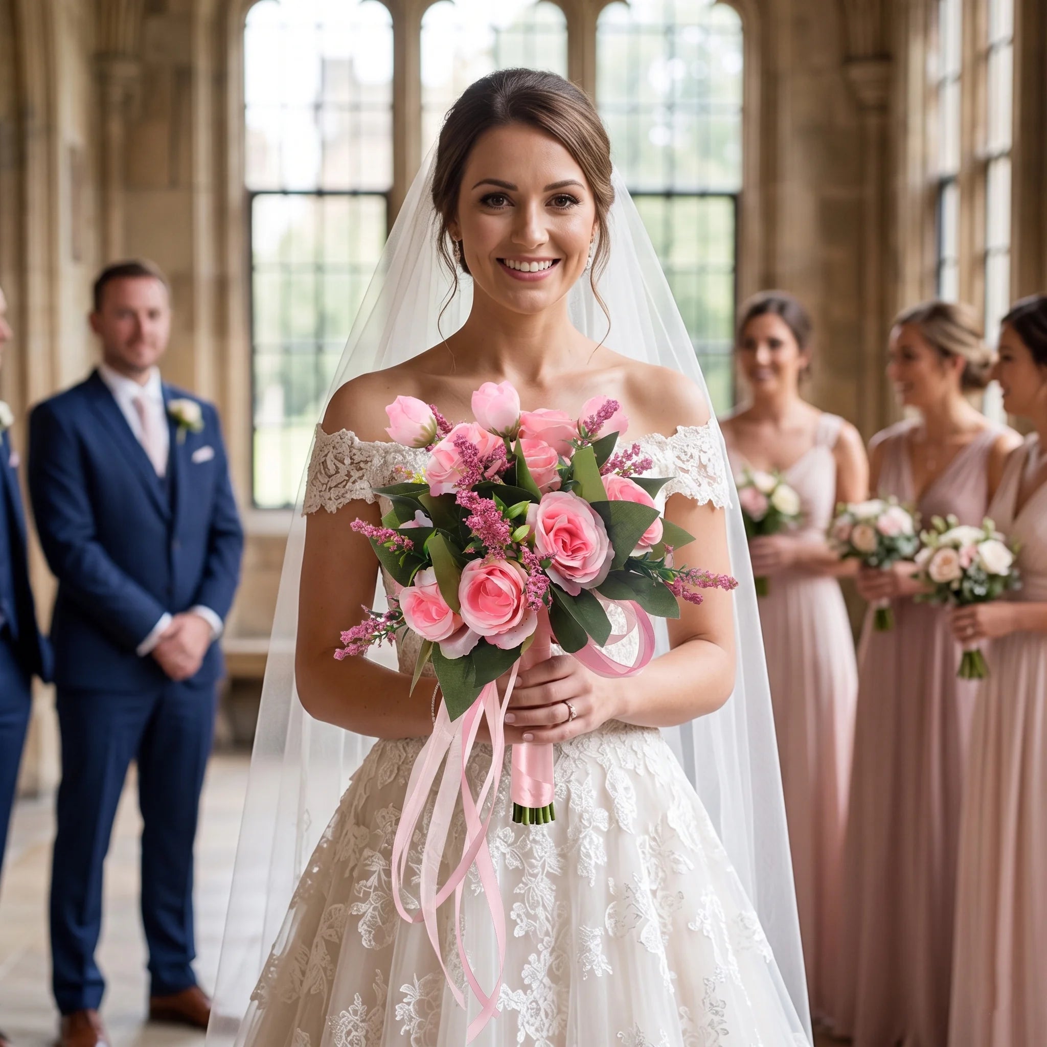 Smiling bride in a lace wedding gown holding a handmade pink and white silk rose bridal bouquet with pink ribbons in a church setting.