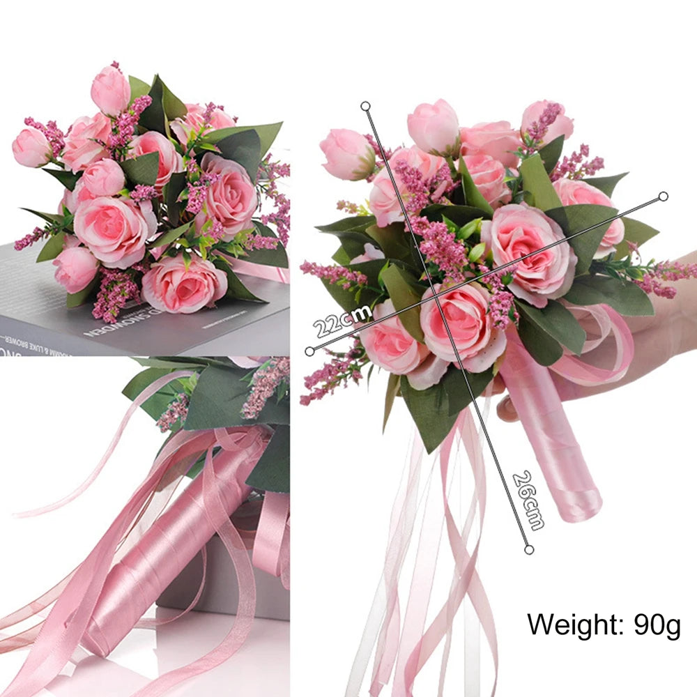 Multi-panel product image displaying the size dimensions of a 22cm by 26cm pink and white faux rose bouquet alongside close-up handle details.
