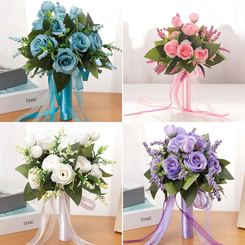 Product catalog grid showcase of four wedding bouquet color options: dusty blue, romantic pink, classic ivory white, and lavender purple.