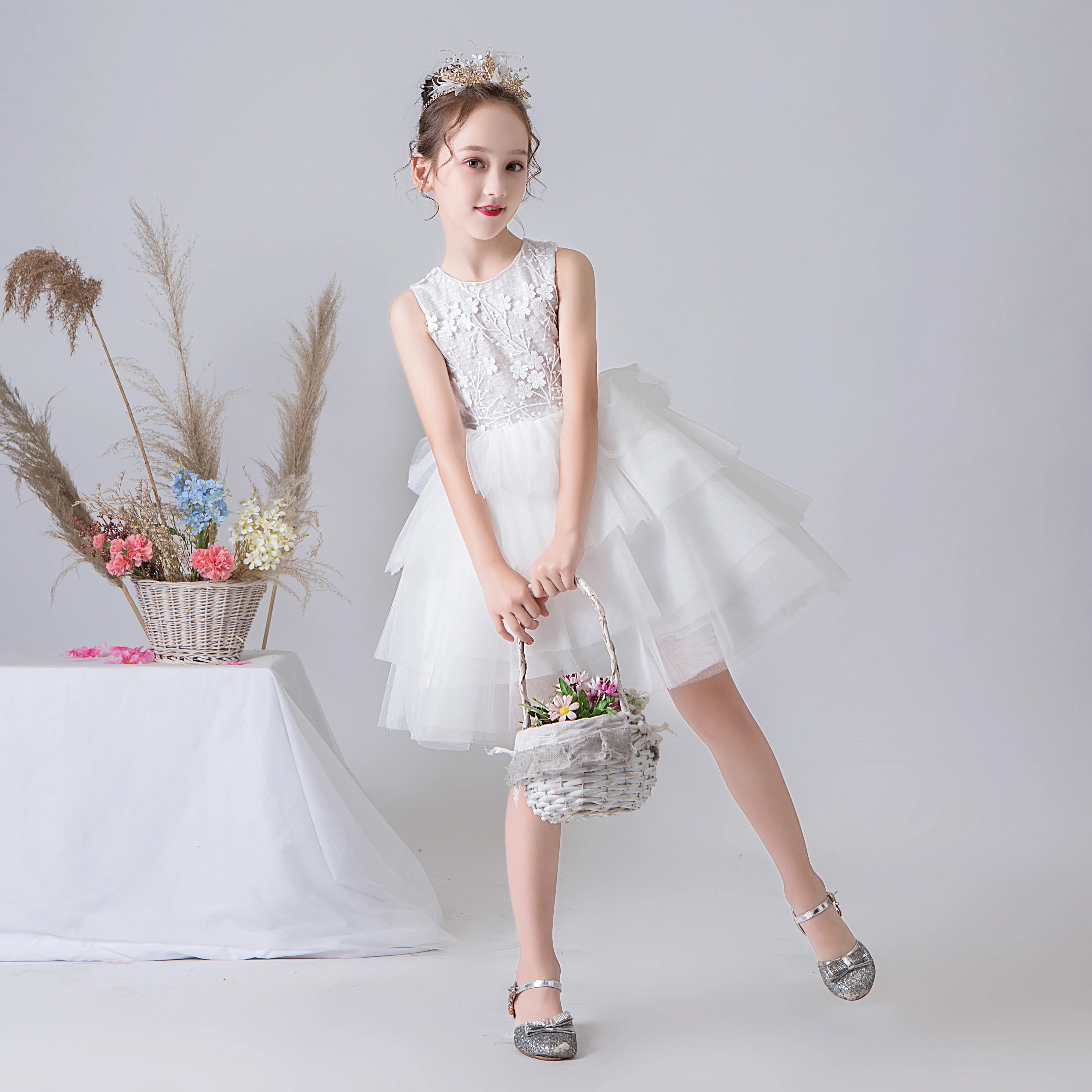 White Pleats Tulle Short Formal Tutu Princess Dress Pageant Gown