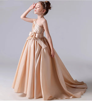 Champagne Satin Flower Girl Dress One Shoulder Ball Gown