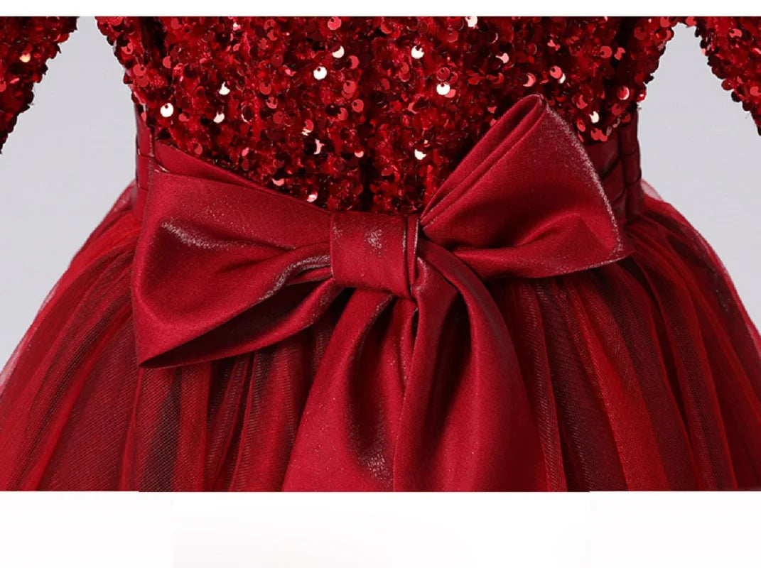 Glitter Sequins Long Sleeves Flower Girls Dress Party Gown