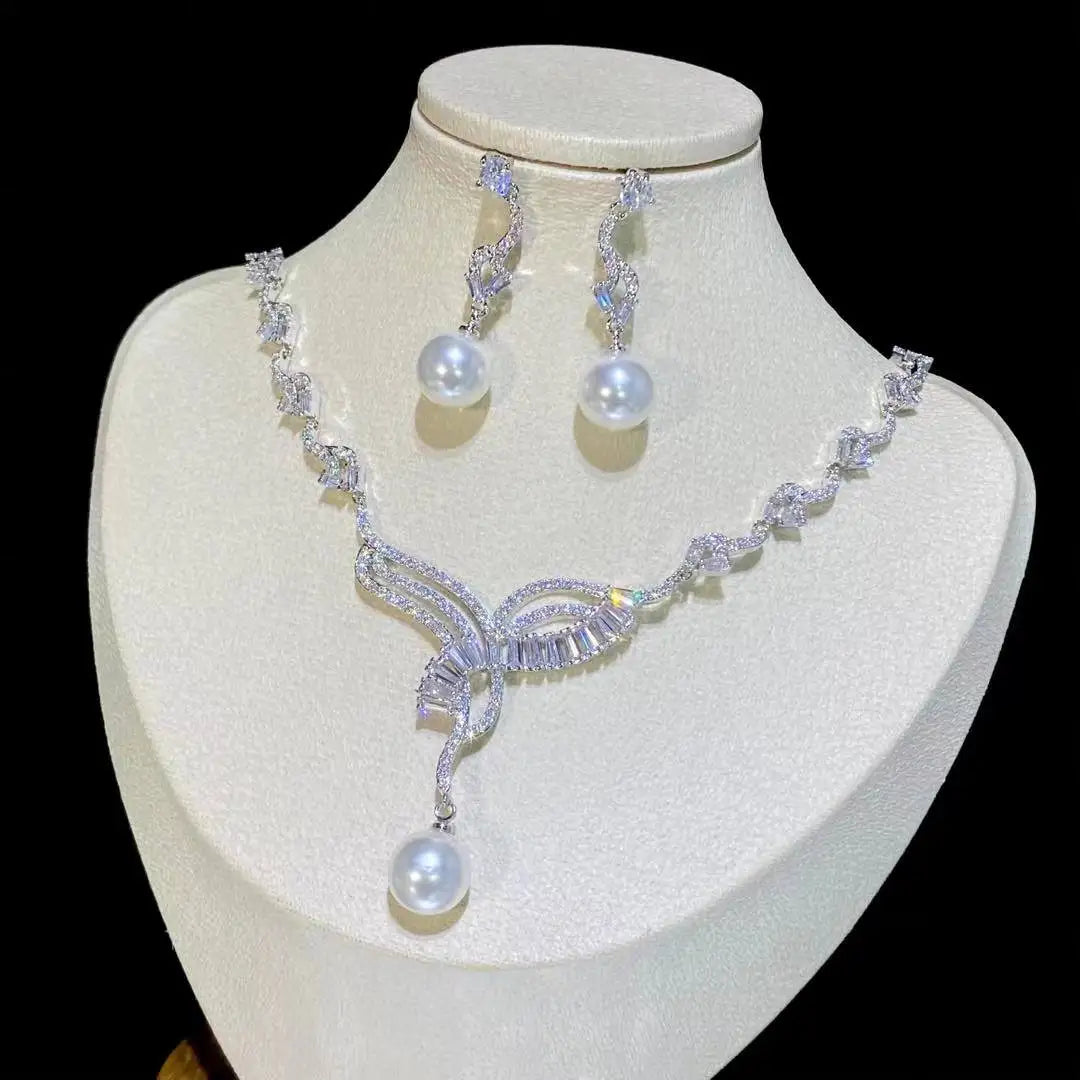 Elegant Pearl & Cubic Zirconia Jewelry Set – Wedding & Party Gift for Women