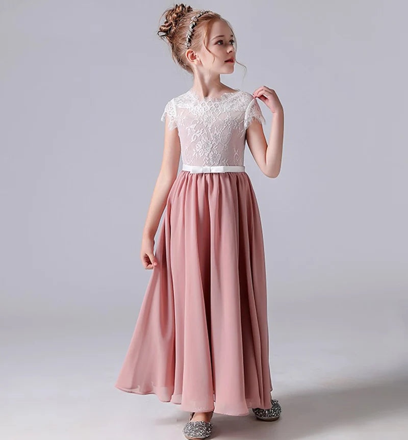 Lace Chiffon Junior Bridesmaid Dress with Short Sleeves Girls Party Elsi John Lace Chiffon Junior Bridesmaid Dress with Short Sleeves Girls Party Elsi John