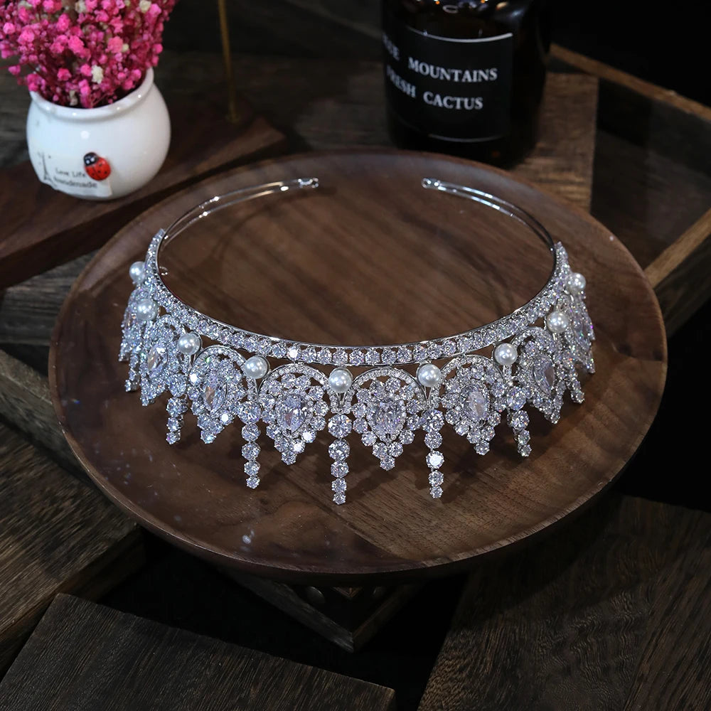 Luxury Zirconia Pearl Tiara for Women – Wedding & Party Crown