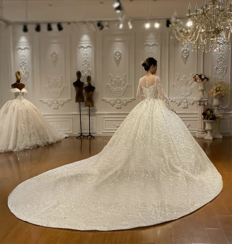 Side profile of a majestic beaded bridal gown highlighting the full length of the glitter-lace cathedral train and elegant long-sleeve silhouette.
