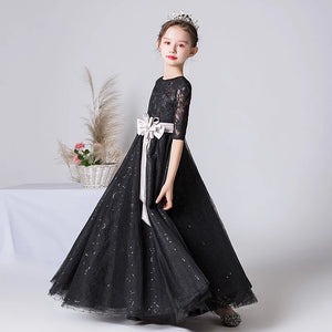 Black Tulle Sparkly Dress For Girls Half Sleeve Party Dress
