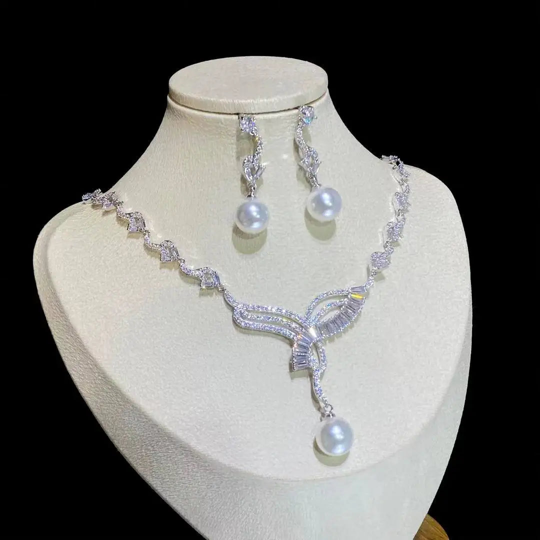 Elegant Pearl & Cubic Zirconia Jewelry Set – Wedding & Party Gift for Women