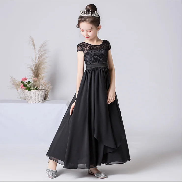 Black Chiffon Lace Junior Bridesmaid Dress for Girls Wedding Party Communion