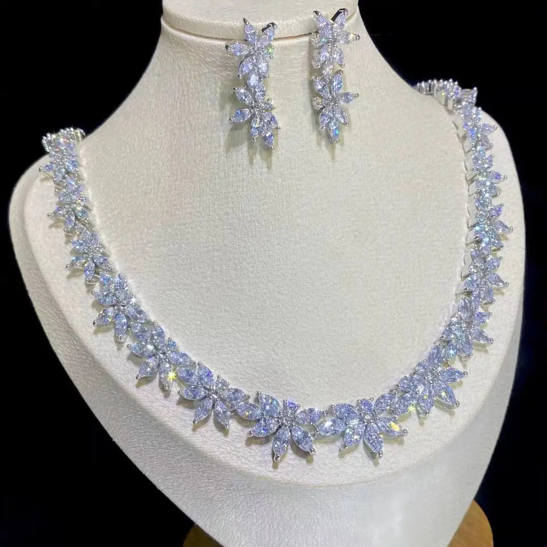 High-quality crystal wedding necklace set for women, demonstrating bright prismatic reflections from the marquise-cut stones.