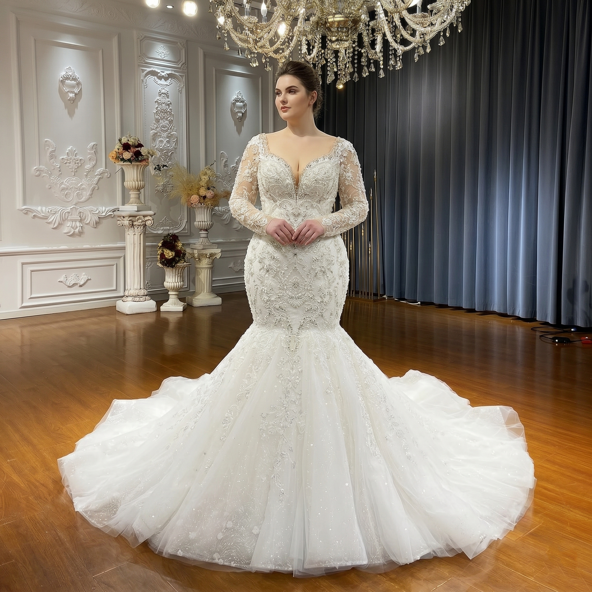 Front view of a plus-size mermaid wedding dress with a voluminous puffy skirt and elegant long-sleeved beaded lace detailing.