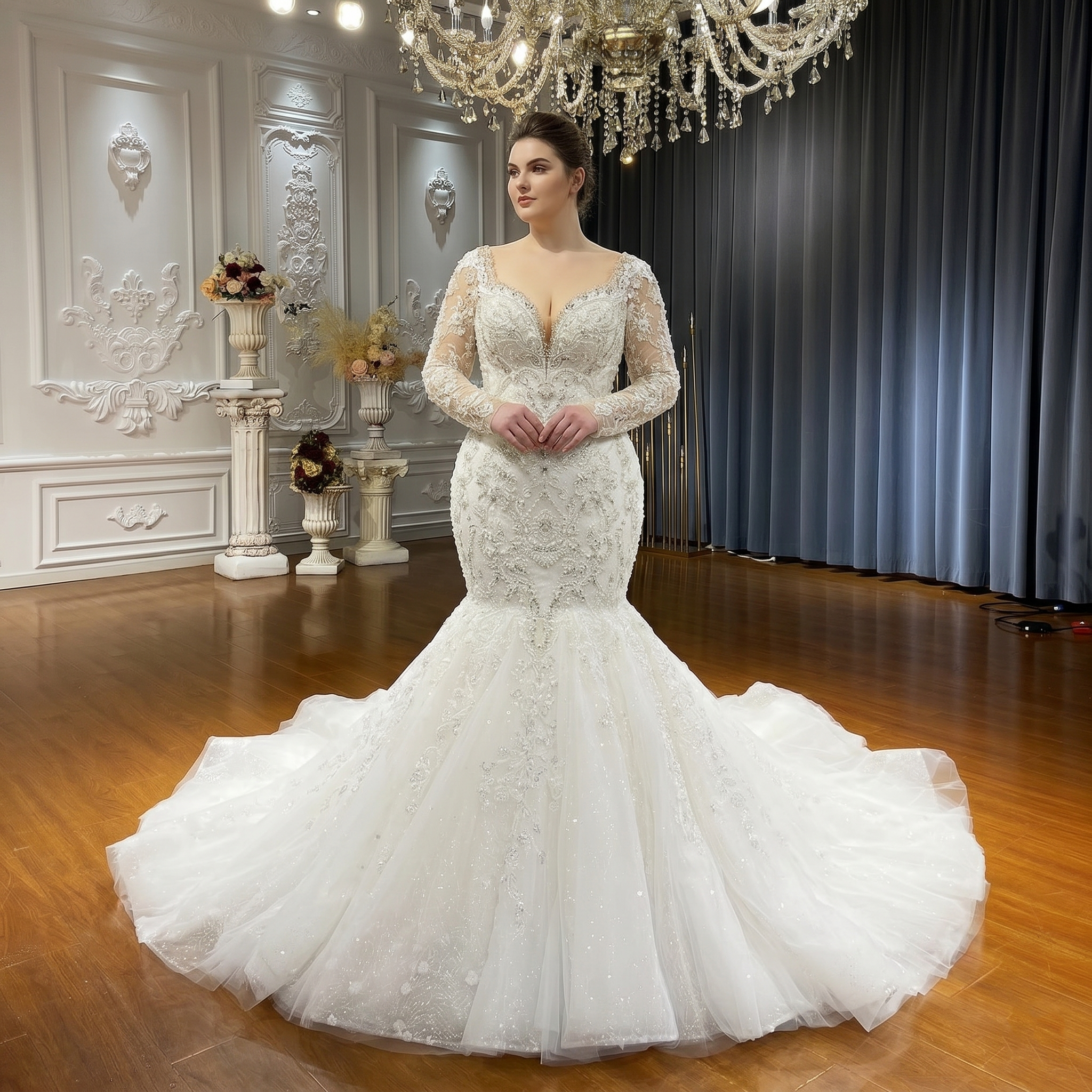 Front view of a plus-size mermaid wedding dress with a voluminous puffy skirt and elegant long-sleeved beaded lace detailing.