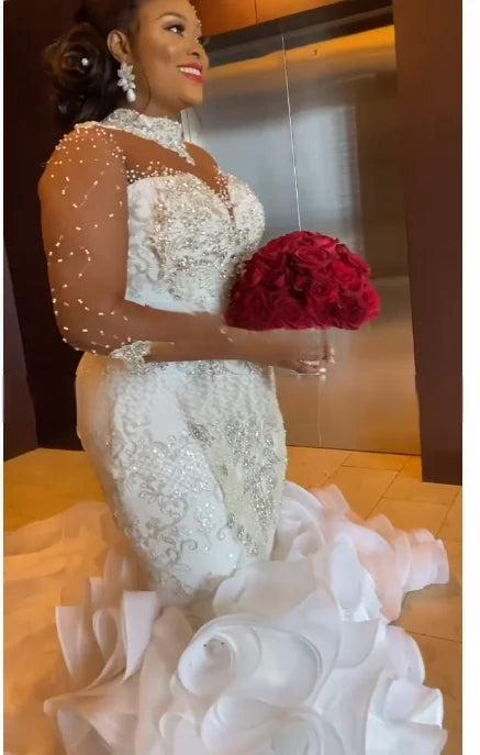 High Neck Beaded Ruffle Mermaid Wedding Dress Sleeveless Gown for Afri – Elsi John