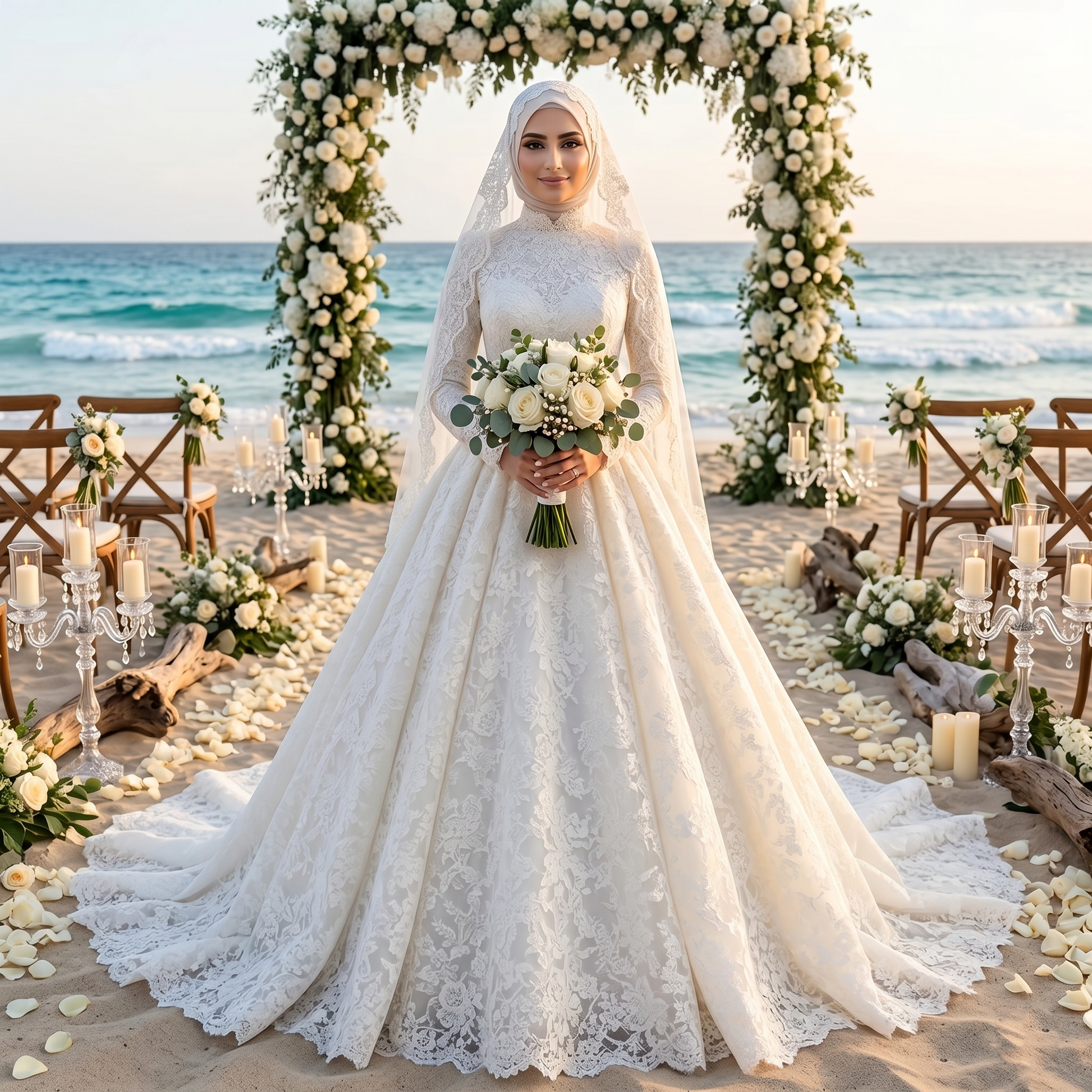 A bride wearing a high neck long sleeve princess lace A-line Muslim wedding dress standing at a beach ceremony archway.