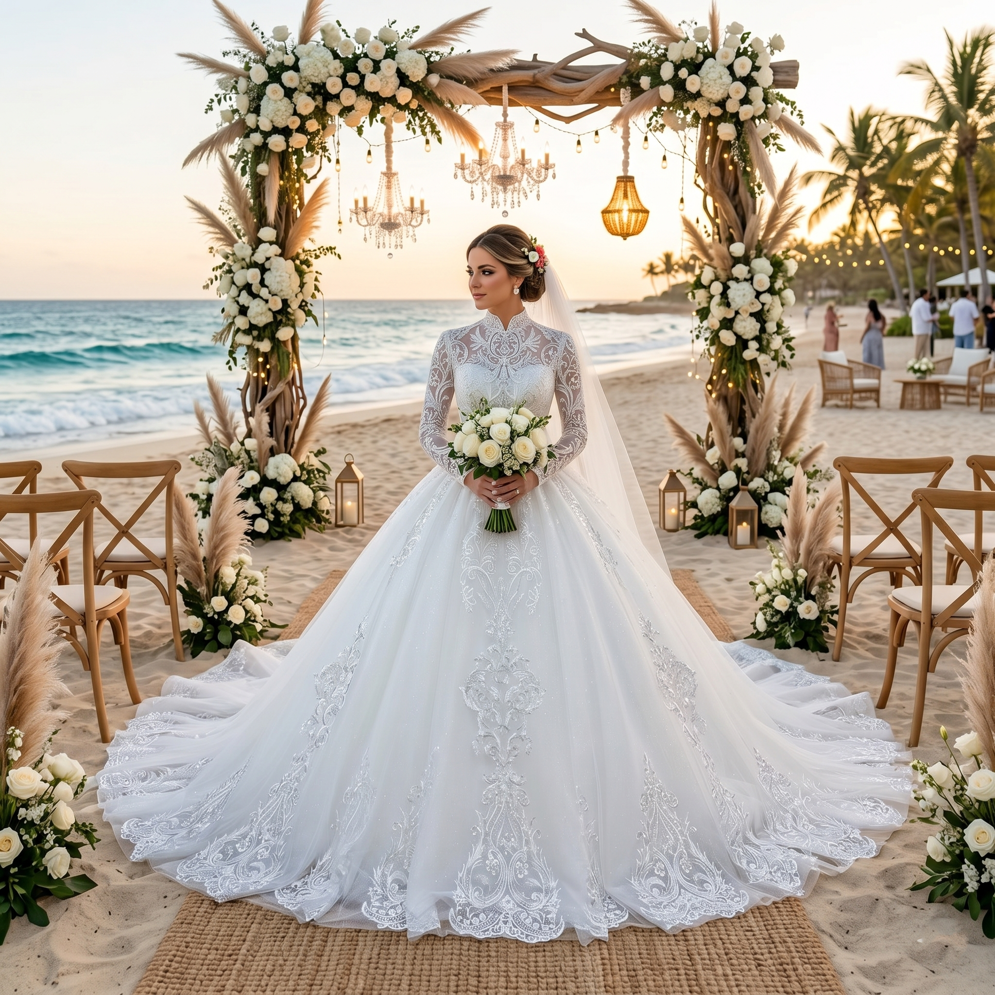 Smiling bride wearing a modest high-neck long-sleeve A-line wedding dress with delicate illusion lace sleeves at an illuminated outdoor evening reception.