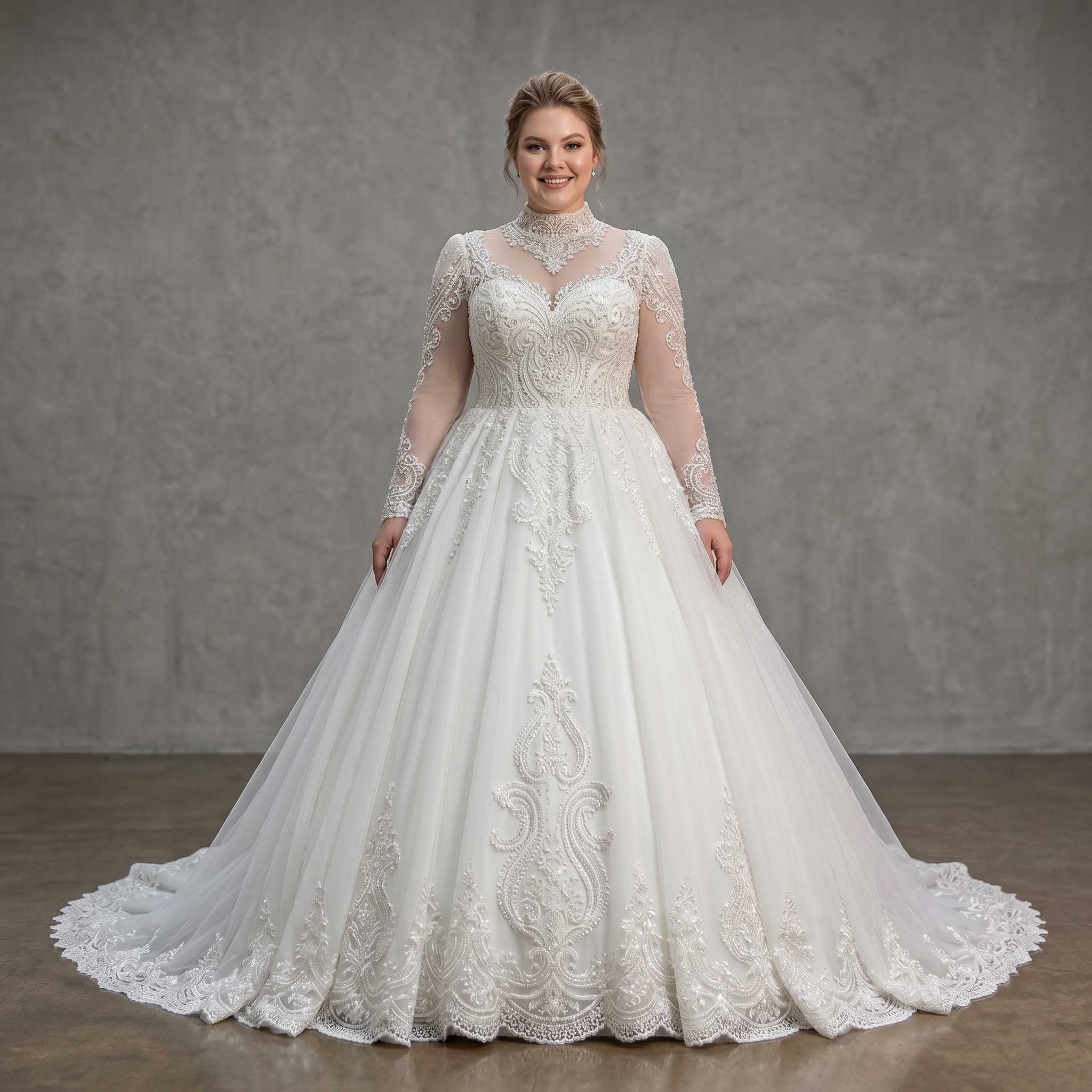 Plus-size bride showcasing a regal high-neck lace bridal gown featuring long illusion sleeves and a voluminous layered white tulle A-line skirt.