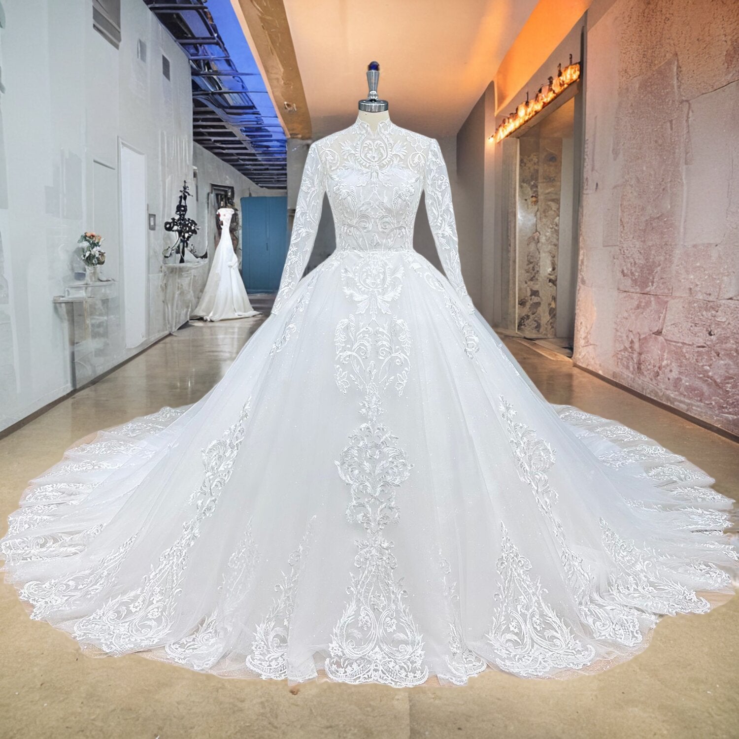Elegant mock neck long-sleeve A-line wedding dress with textured floral lace overlays on the bodice, displayed on a mannequin in a bridal showroom.