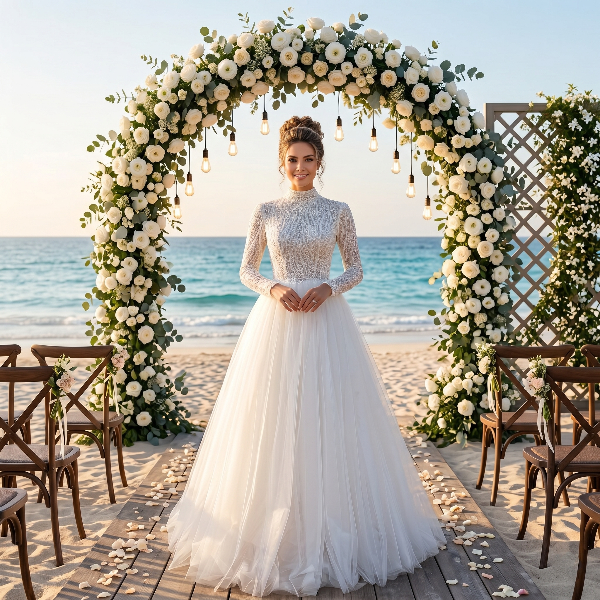Smiling bride wearing a modest high-neck long-sleeve A-line wedding dress with a sequin-embellished bodice and soft tulle skirt under a beach wedding arch.