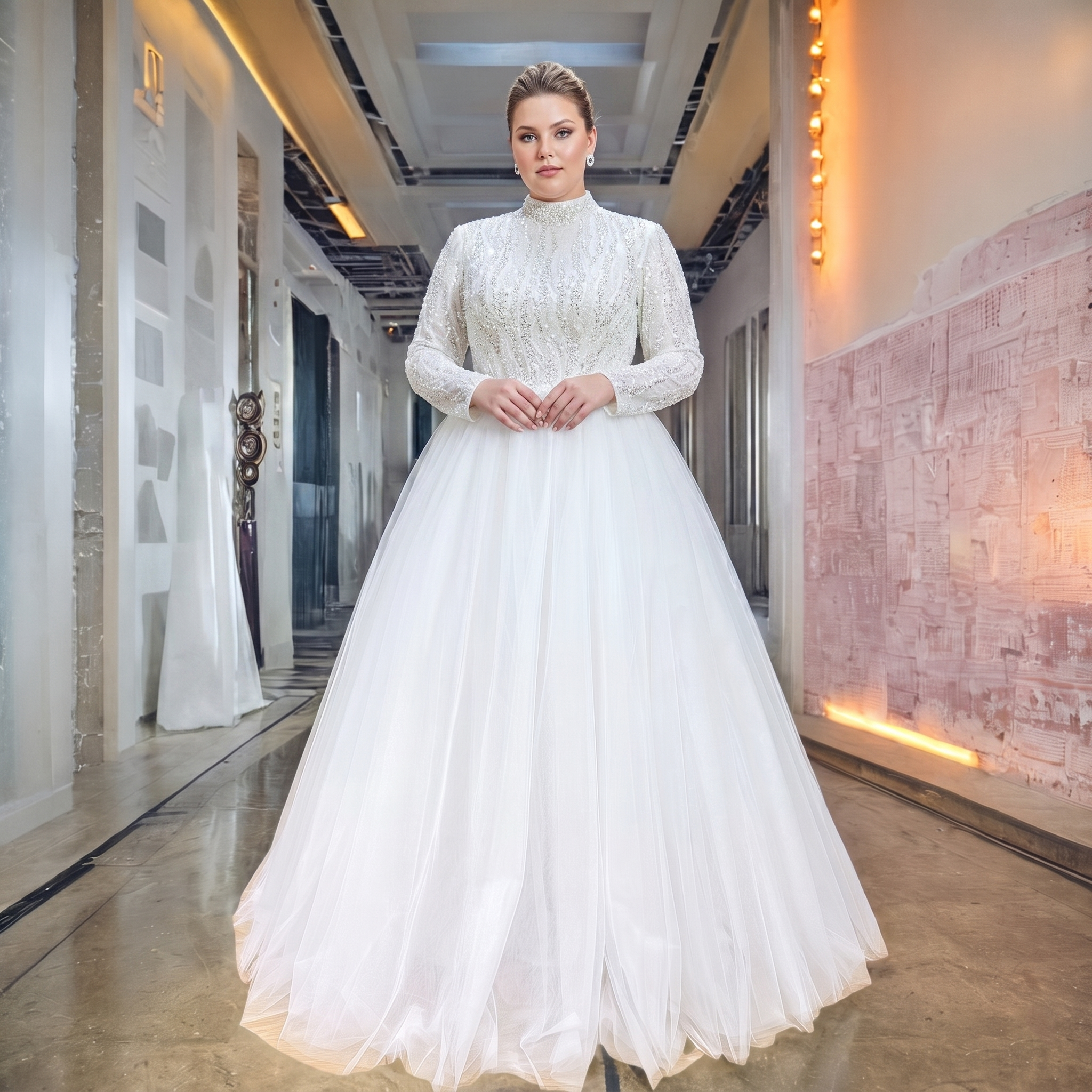 Plus-size model showcasing a vintage-style long-sleeve high-neck bridal gown featuring a heavily beaded bodice and an airy white tulle A-line skirt.