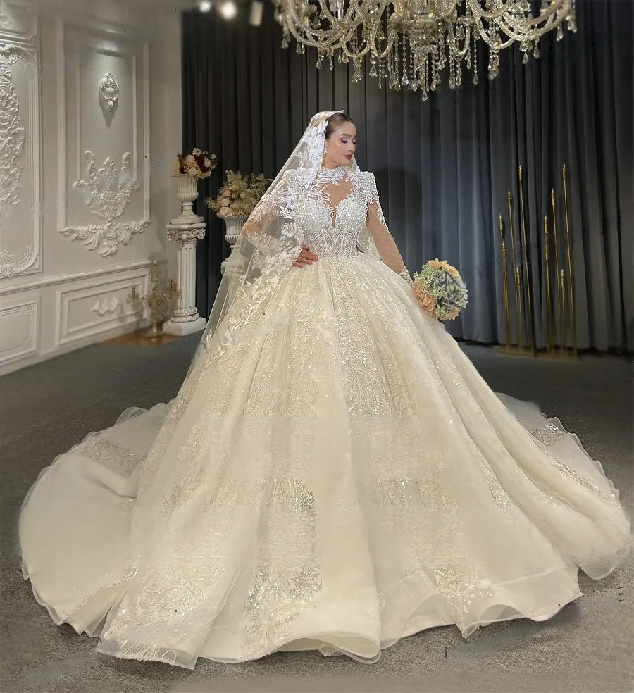 Side profile of a luxury Dubai style wedding dress on a mannequin, showcasing the structural volume of the beaded skirt and the elegant flow of the shimmering white fabric.