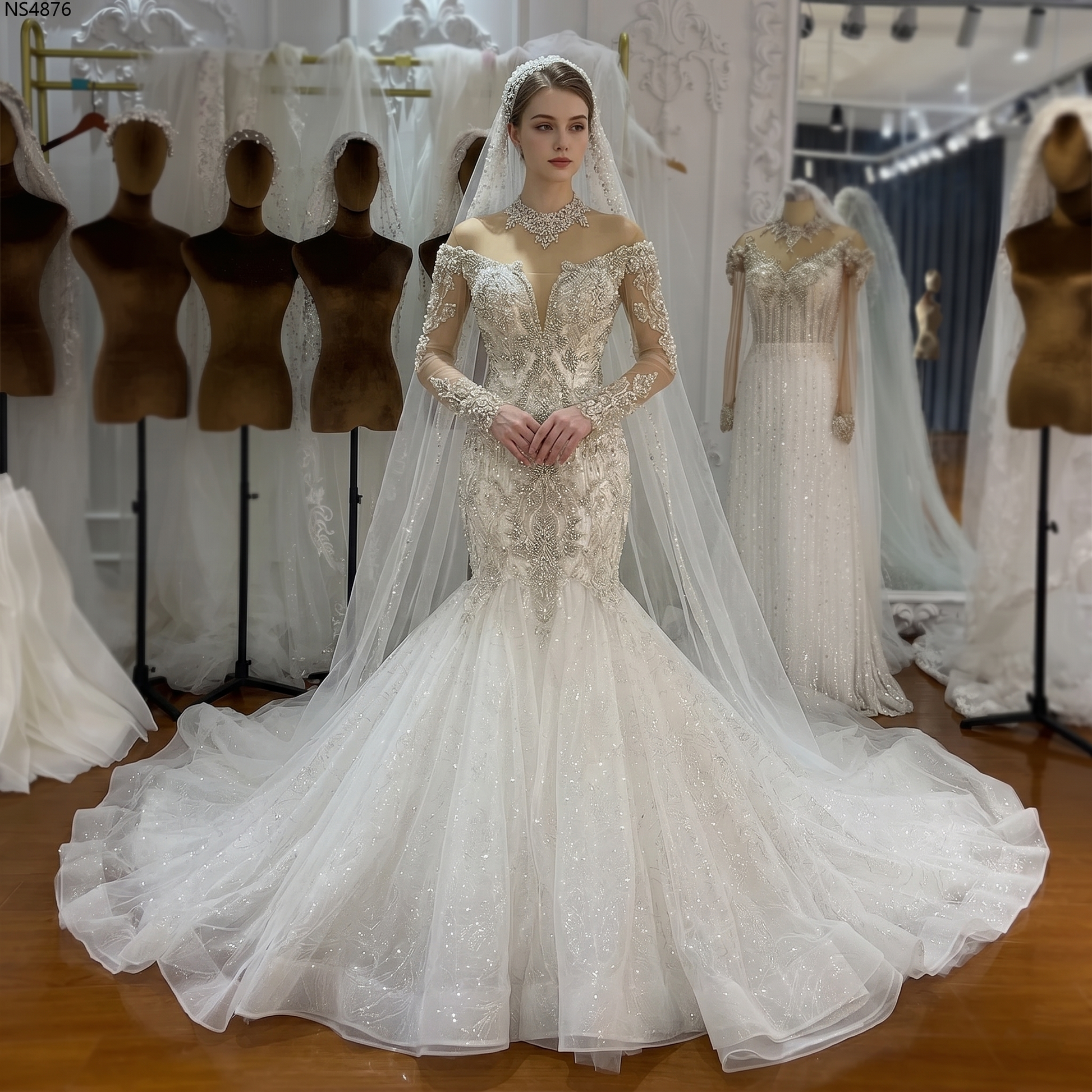 Front view of a model wearing a high-quality elegant mermaid wedding dress with off-the-shoulder long sleeves, intricate beadwork, and a voluminous shimmering train.