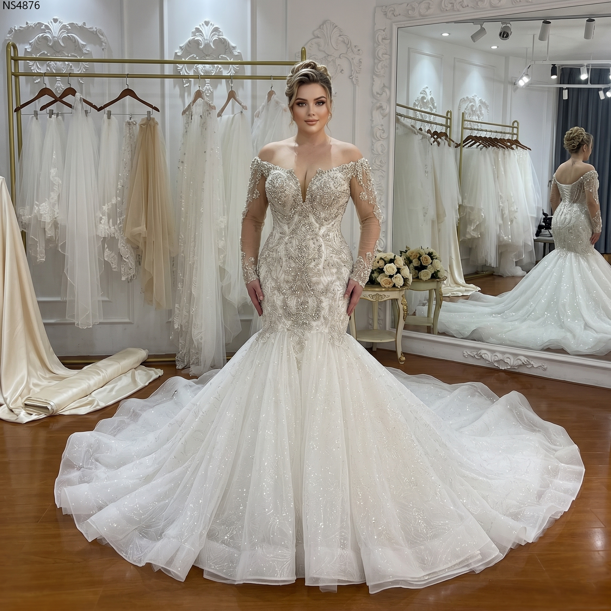 A plus-size model showcasing an elegant mermaid bridal gown featuring a plunging illusion neckline, long beaded sleeves, and a dramatic lace train.