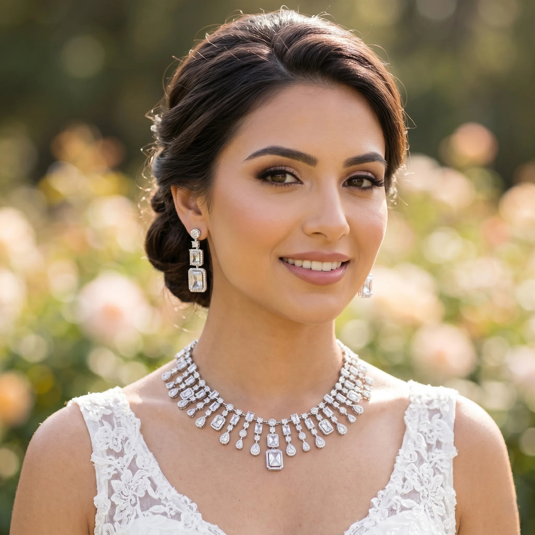 Model wearing a premium geometric bridal necklace and earring set with square and emerald-cut cubic zirconia accents.