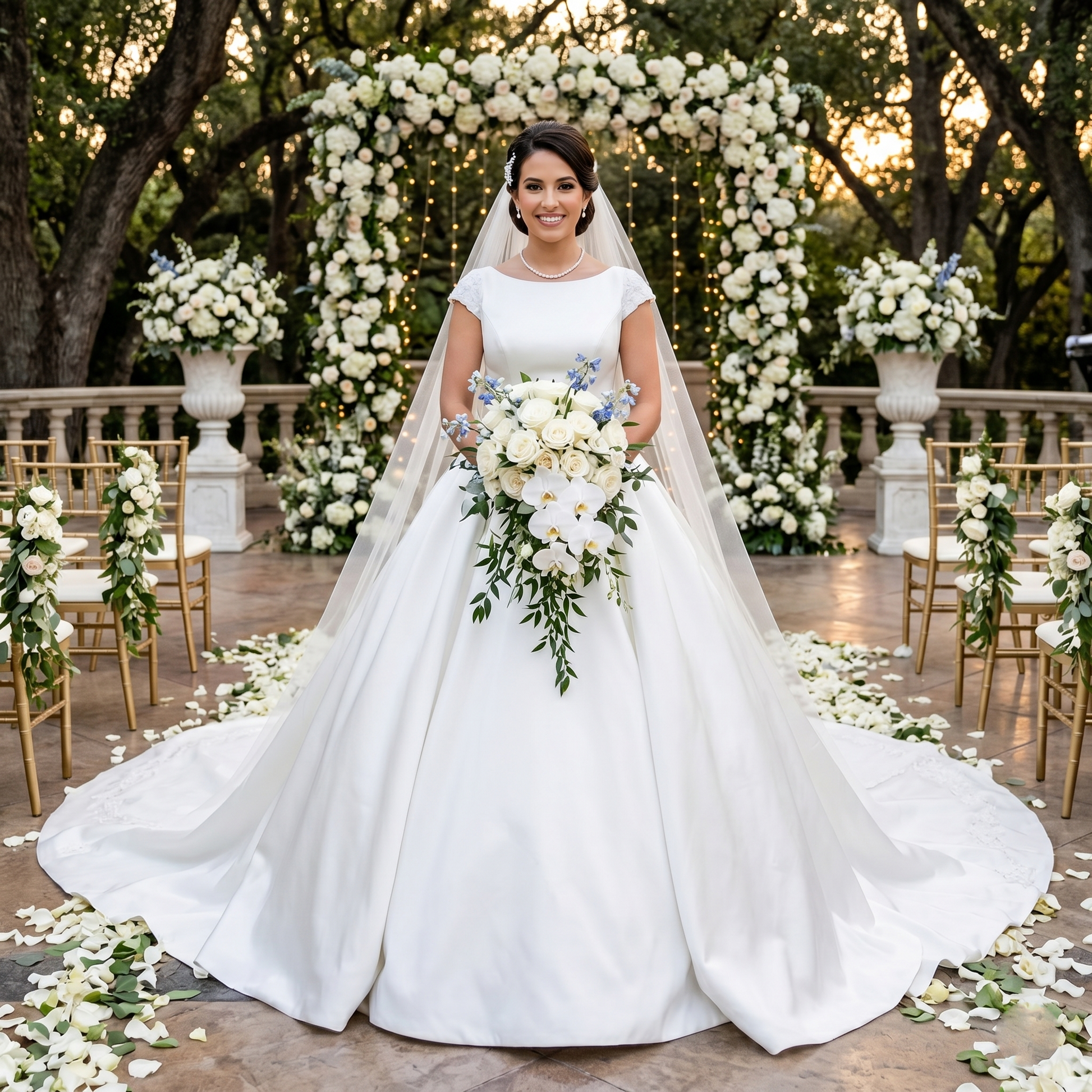 Smiling bride wearing a classic white satin ball gown wedding dress with clean cap sleeves and a long cathedral veil under an elegant white floral archway.
