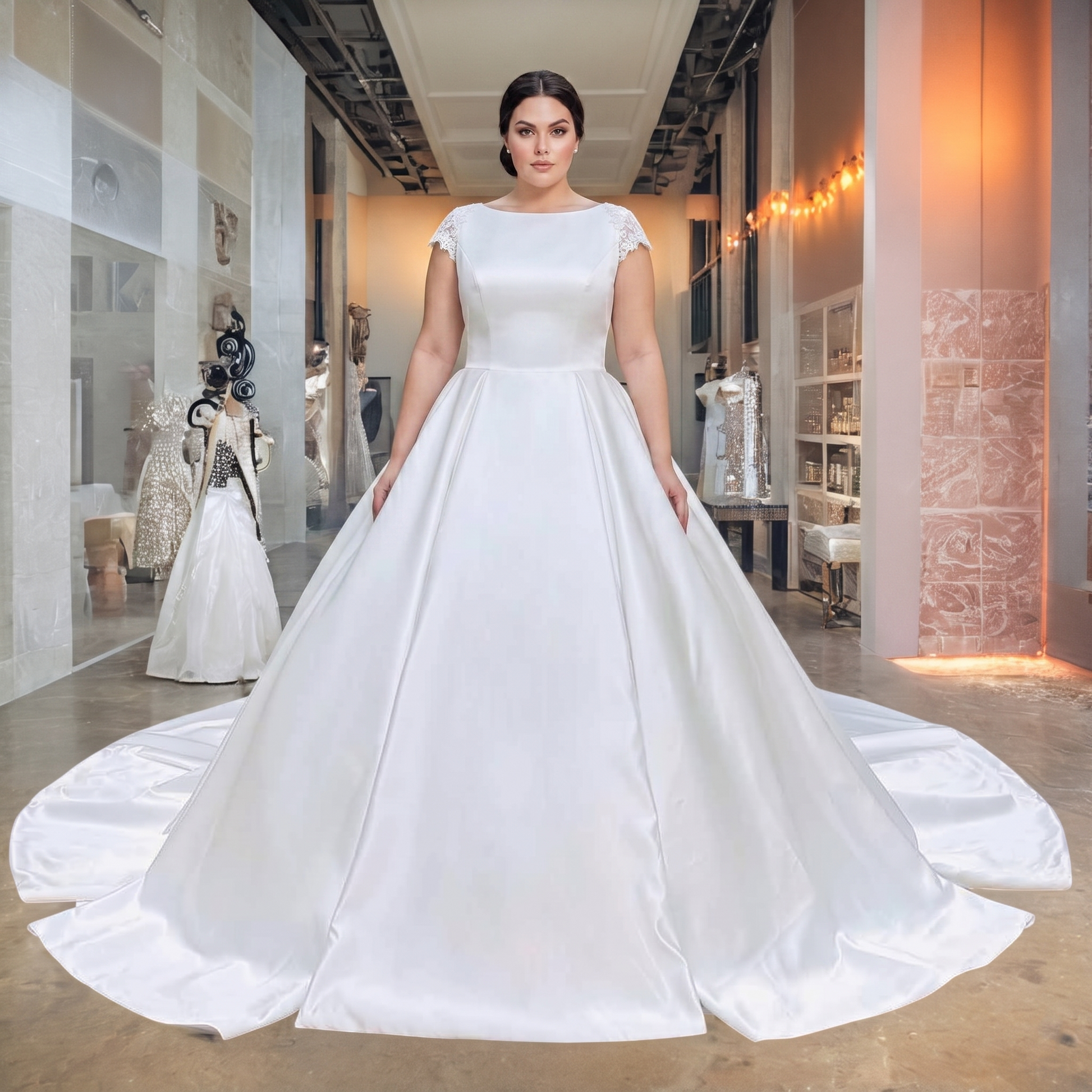 Plus size bridal model showcasing a timeless white satin wedding gown featuring structured waist pleats and delicate lace-trimmed cap sleeves in a showroom.