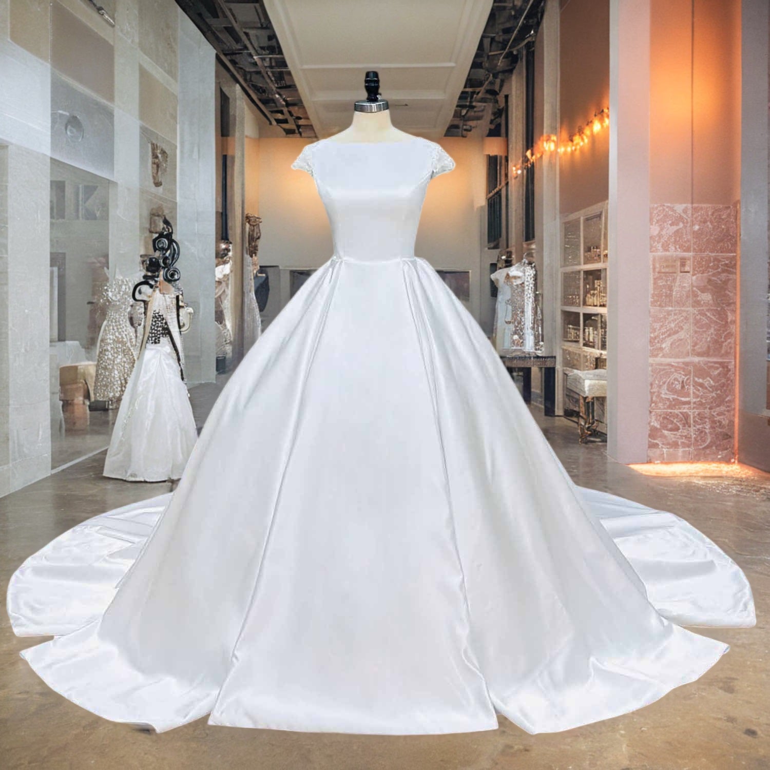 Front studio view of a premium minimalist white satin ball gown wedding dress with a clean boat neck silhouette displayed on a boutique dress form.
