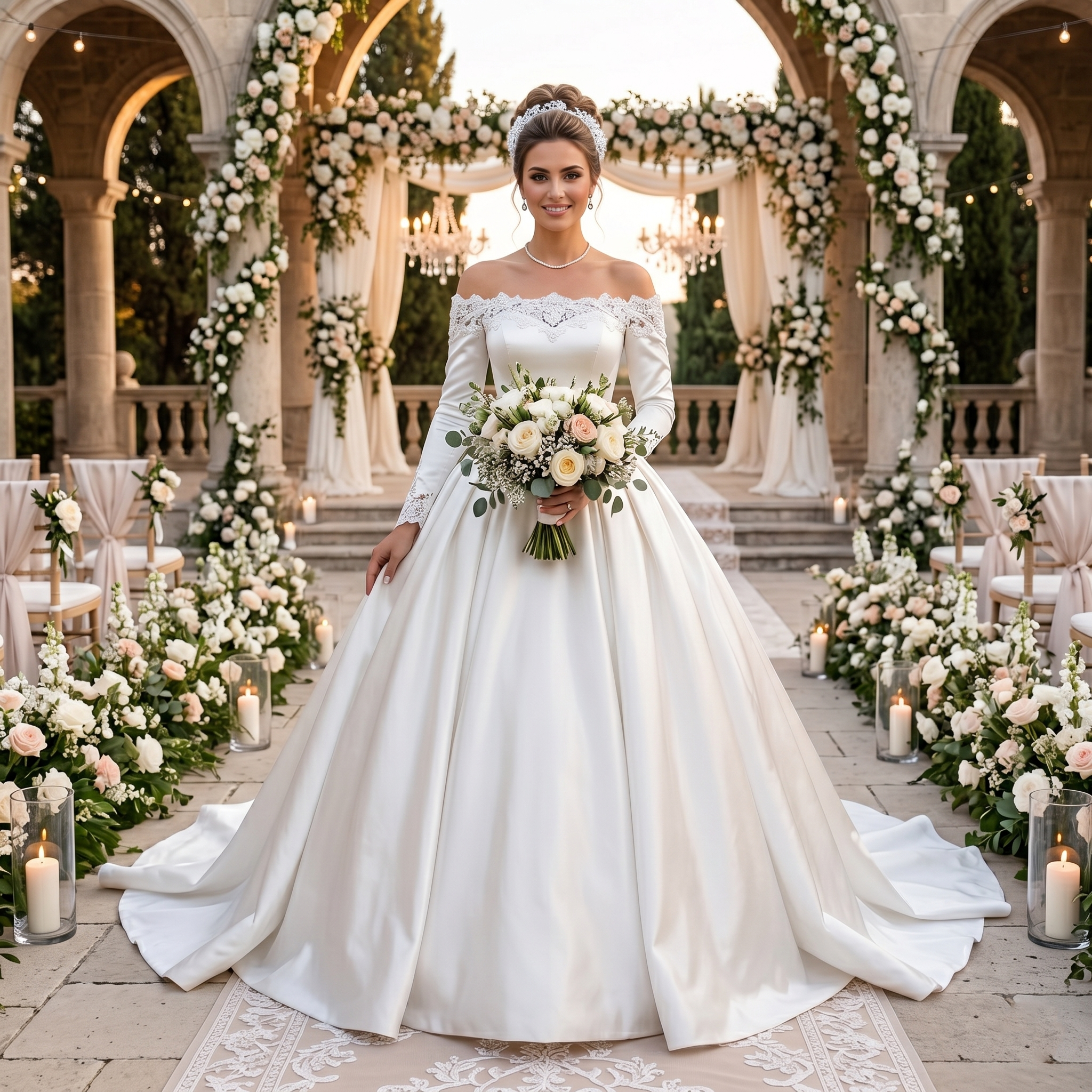 Elegant bride wearing an off-the-shoulder long sleeve satin ball gown wedding dress with a 3D floral neckline at an outdoor courtyard ceremony.
